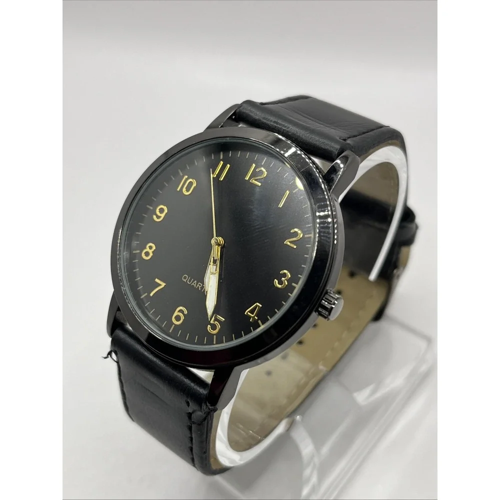 Men's Quartz Watch Black Faux Leather Band Silver‎ 42mm Case- New Battery